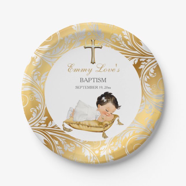 Baby Girl Christening Baptism Gold Silver Paper Plates (Front)