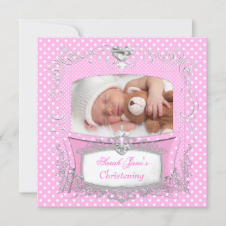 Baby Girl Christening Baptism Pink Polka Dot Announcement