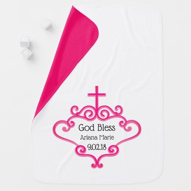 Baby Girl Christening Baptism Pink Scroll Cross Baby Blanket (In Situ)