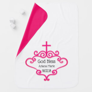 Baby Girl Christening Baptism Pink Scroll Cross Blanket