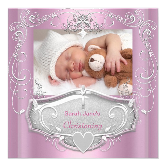 Baby Girl Christening Baptism Pink Silver Cross Invitations