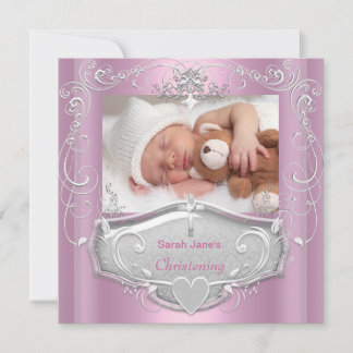 Baby Girl Christening Baptism Pink Silver Cross Invitation
