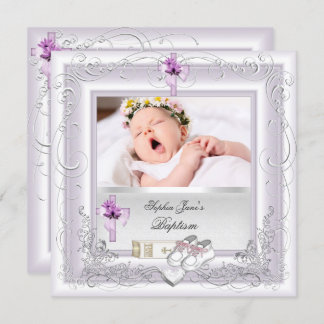 Baby Girl Christening Baptism White Lilac Pink Invitation