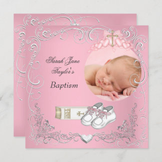 Baby Girl Christening Baptism White Pink Bible Announcement