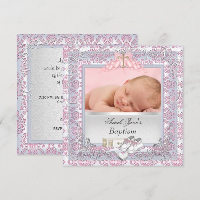 Baby Girl Christening Baptism White Pink Invitation (Front/Back)