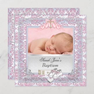 Baby Girl Christening Baptism White Pink Invitation