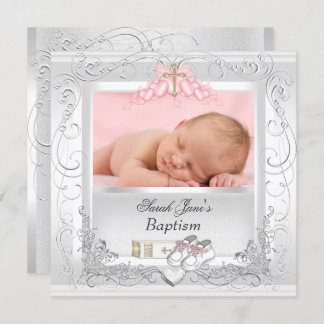 Baby Girl Christening Baptism White Pink Invitation