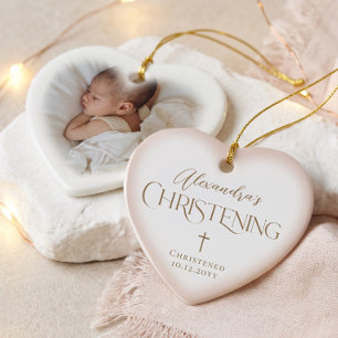 Baby Girl Christening Cross Pink Heart Photo Ceramic Ornament