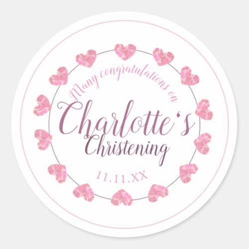 Baby girl christening pink  white heart gift classic round sticker