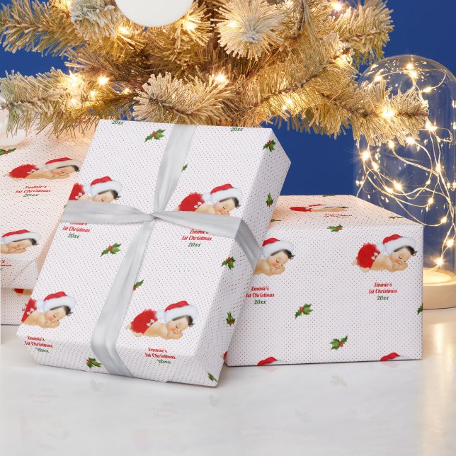 Baby Girl Christmas Red Santa Hat Dot Wrapping Paper (Holidays)