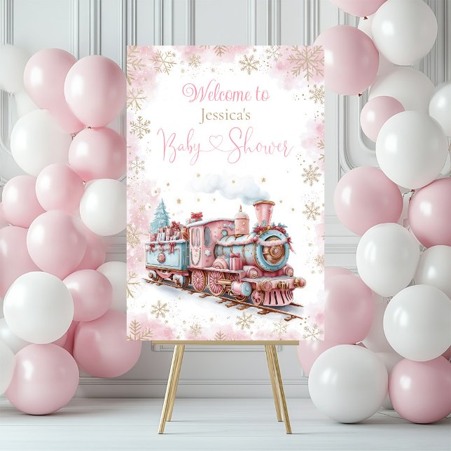 Baby Girl Christmas Train Holiday Baby Shower Foam Board (Girl winter wonderland baby shower welcome sign with cute Christmas train, pink and gold snowflakes)