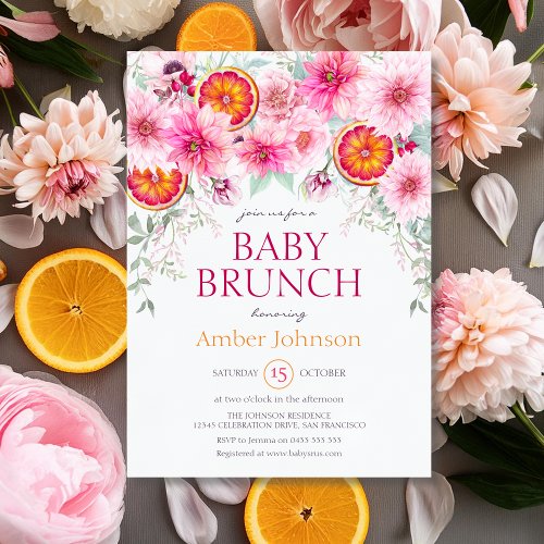 Baby Girl Citrus and Pink Flowers Baby Shower Invitation
