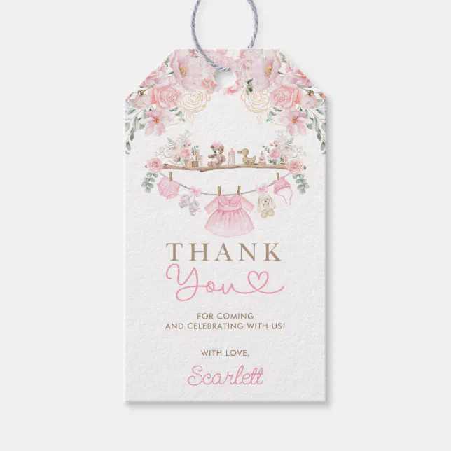 Baby Girl Clothes Pink Floral Nursery Thank You Gift Tags | Zazzle