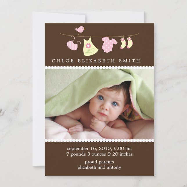 Baby Girl Clothesline Birth Announcements (Front)