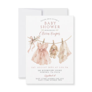 Baby Girl Clothesline Boho Blush Pink Baby Shower Invitation