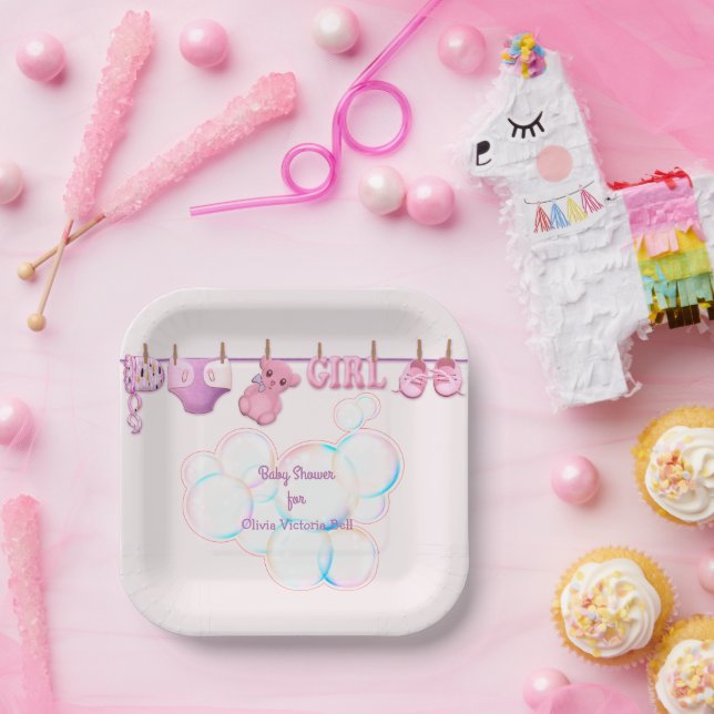 Baby Girl Clothesline In Pink Paper Plate (Party)