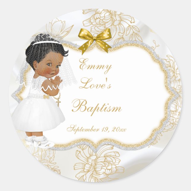 Baby Girl Communion Baptism Gold Cross Ethnic Classic Round Sticker (Front)