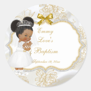 Baby Girl Communion Baptism Gold Cross Ethnic Classic Round Sticker