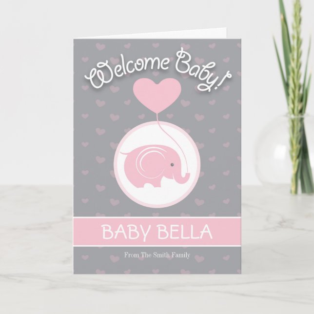 Baby Girl Congratulations Card with Elephant (Front)