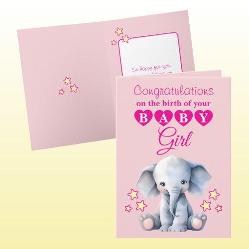 Baby girl congratulations elephant pink card