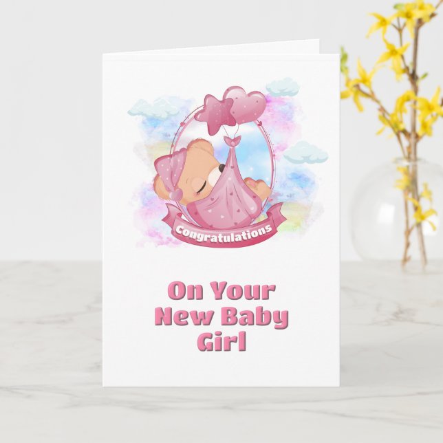 Baby Girl Congratulations Pink Teddy Bear Balloons Card (Yellow Flower)
