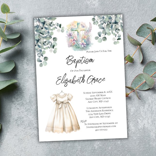 Baby Girl Cross Eucalyptus Dress Baptism Luncheon Invitation (Baptism Christening White Baptism Dress Floral Cross Eucalyptus Baptism Invitation with Luncheon)