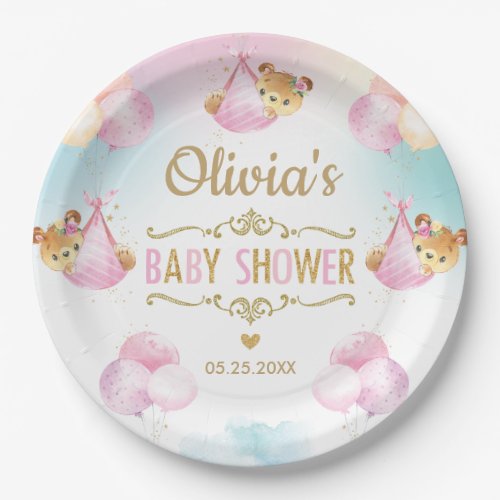 Baby Girl Cute Bear Balloons Baby Shower Paper Plates