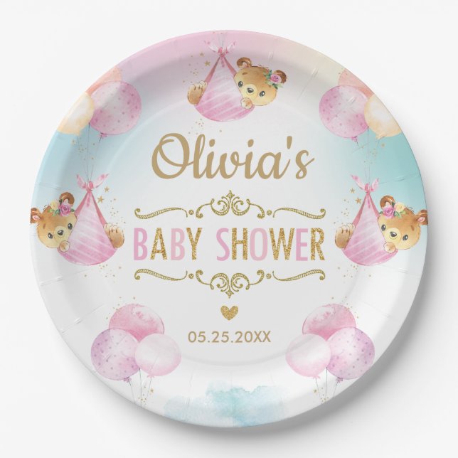 Baby Girl Cute Bear Balloons Baby Shower Paper Plates (Front)