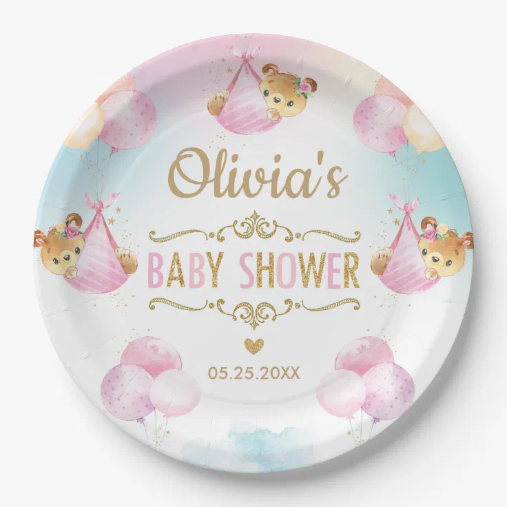 Baby Girl Cute Bear Balloons Baby Shower Paper Plates Zazzle
