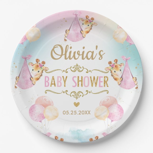 Baby Girl Cute Giraffe Balloons Baby Shower Paper Plates (Front)