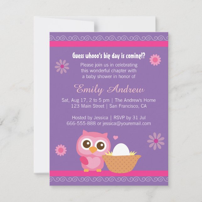 Baby Girl, Cute Owl Baby Shower Invitation (Front)