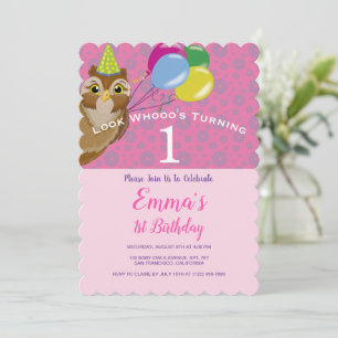 Baby Girl Cute Owl Balloons 1st Birthday Invitatio Invitation