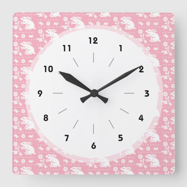Baby Girl Cute Pink Bunny Rabbits Pattern Square Wall Clock (Front)