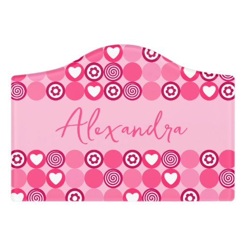 Baby Girl Cute Pink Heart and Flower Pattern Name Door Sign