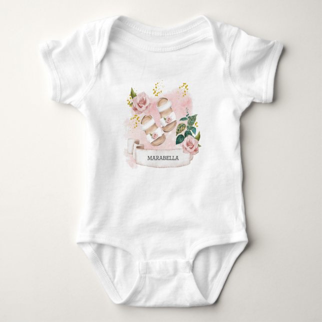 *~* Baby Girl Cute Shoes Banner Name Pink Baby Bodysuit (Front)