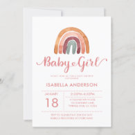 Baby Girl Cute Watercolor Boho Rainbow  Invitation