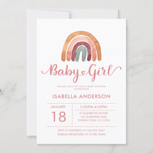 Baby Girl Cute Watercolor Boho Rainbow  Invitation