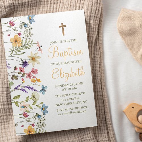 Baby Girl Cute Wild Flowers Baptism Invitation