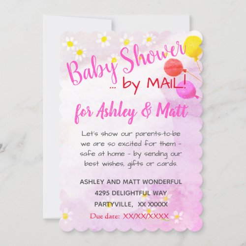 Baby Girl Daisies Balloons Pink Baby Shower Invitation