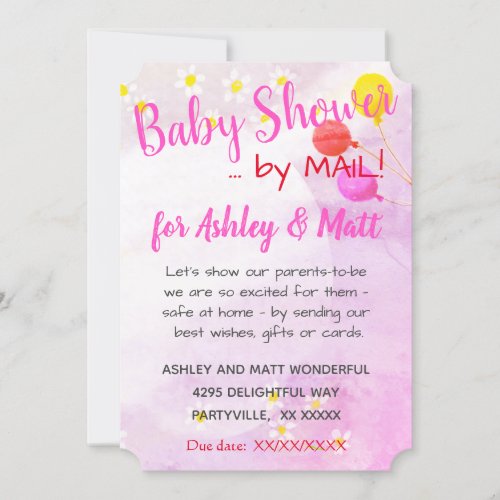 Baby Girl Daisies Balloons Watercolor Baby Shower Invitation