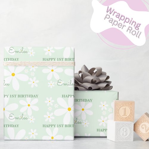 Baby Girl Daisy Flower Mint Wrapping Paper
