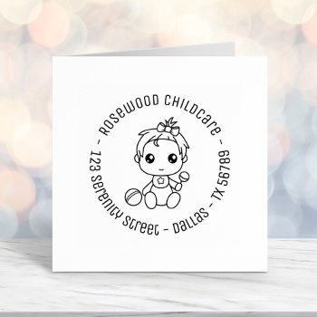 Baby Girl Daycare Childcare Round Address 2 Self-inking Stamp by Chibibi at Zazzle