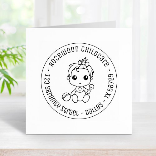 Baby Girl Daycare Childcare Round Address Rubber Stamp