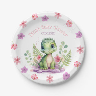 Baby Girl Dinosaur Pink and Purple Flowers Paper Plates