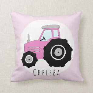 Baby Girl Doodle Pink Tractor with Name Nursery Throw Pillow