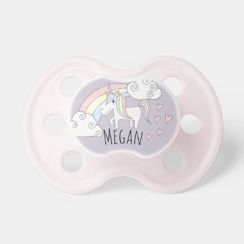 Baby Girl Doodle Unicorn Rainbow Hearts with Name Pacifier