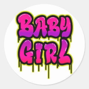 Baby Girl Dripping Word Art Spray Paint Pink Green Classic Round Sticker