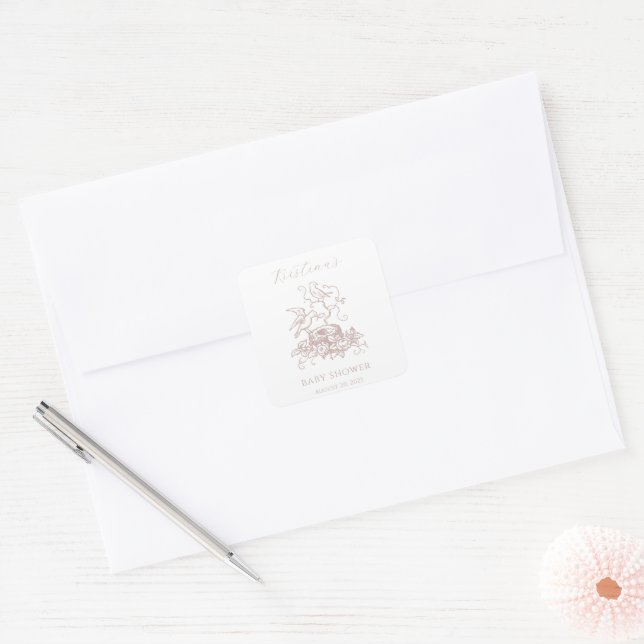 Baby Girl Elegant Bird Nest Baby Shower Square Sticker (Envelope)