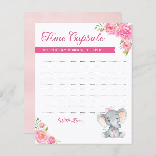 Baby Girl Elephant 1st Birthday Time Capsule Cards