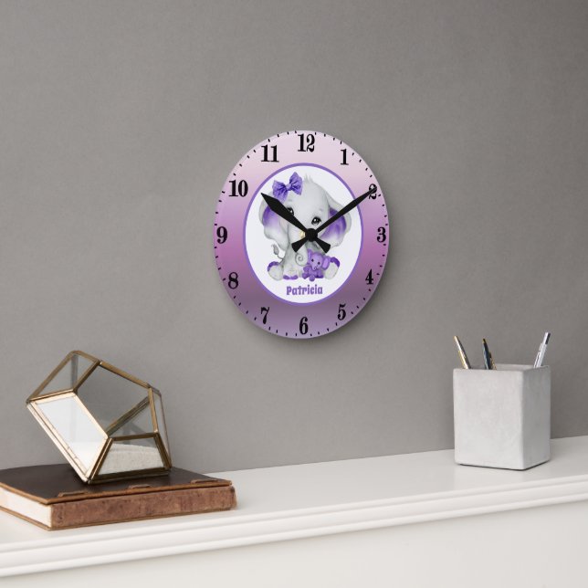 baby girl elephant add name nursery  round clock (Office)